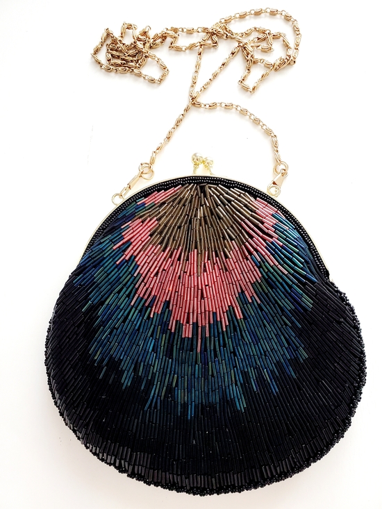 Handbags - Beaded Round Crossbody Bag - Black, Pink & Blue